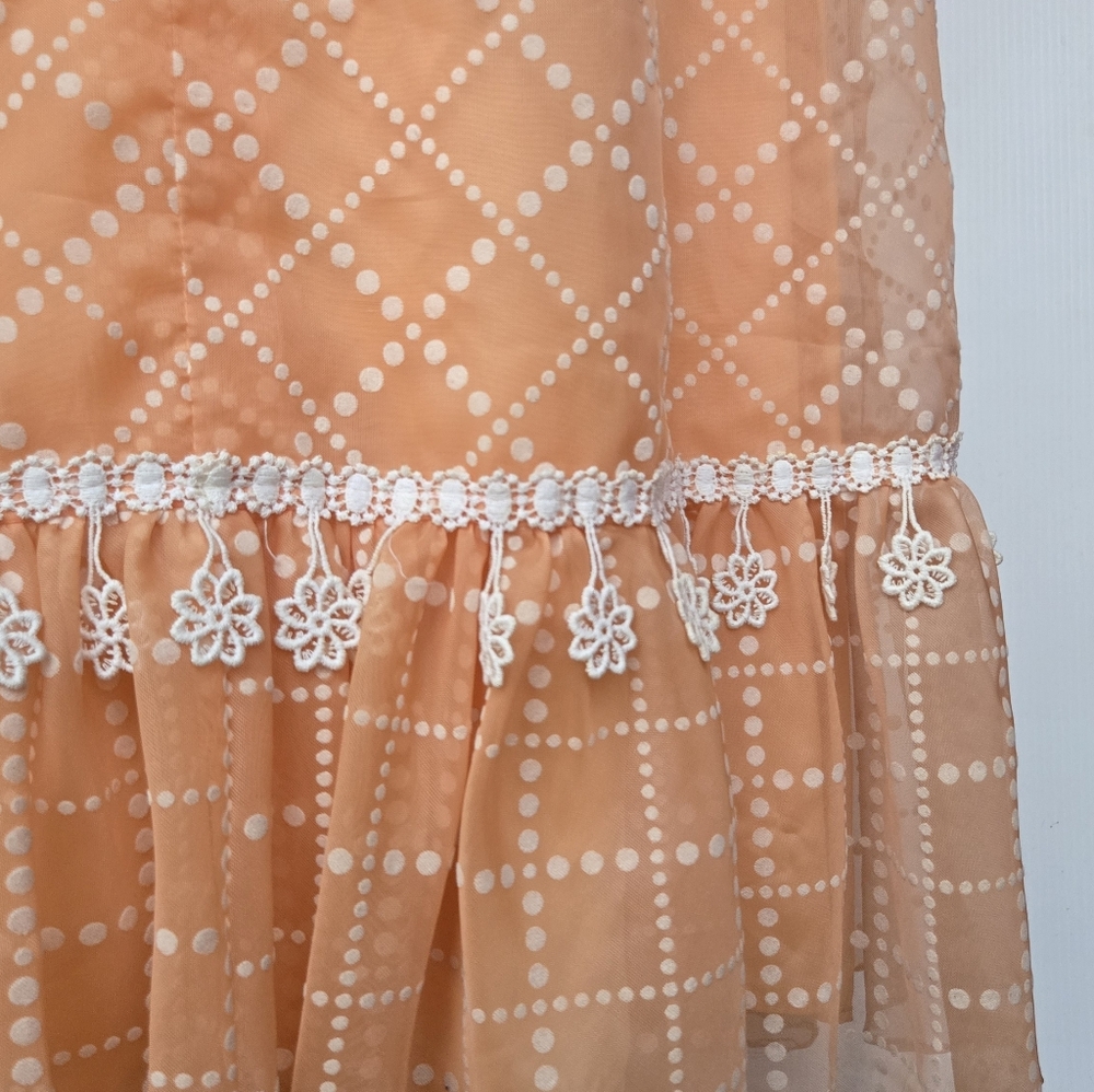 Vintage Bridgerton Puff Sleeve Orange Cream Bow Back Crochet Fringe Dress, XS/S - Picture 5 of 12